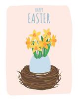 Cute postcard with egg in a nest and a bouquet of daffodils. Spring greeting poster for Easter vector