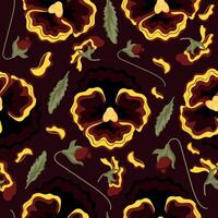 seamless pattern with yellow flowers, namely yellow pansies and various leaves, flower buds on a brown background, for textiles or various packaging vector