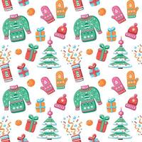 Winter seamless pattern with Christmas tree, knitted clothes, gift boxes and firework vector