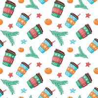 Christmas pattern with coffee cups, fir branch and tangerine vector