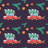 Christmas seamless pattern with red car and tree vector