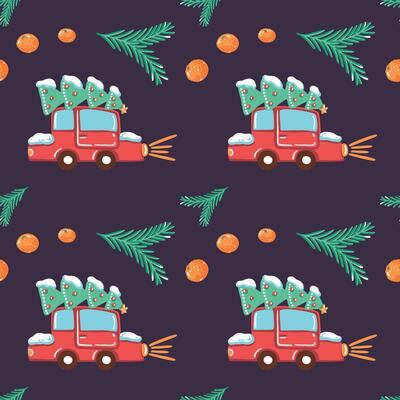 Christmas seamless pattern with red car and tree