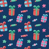 Seamless pattern with gift boxes. Christmas background with candy and stars vector