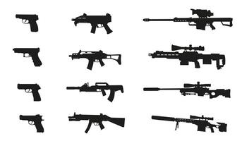 Silhouettes of weapons. A large set of modern and not only small arms in . vector