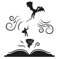 Silhouette of a book reading fairy tales and fantasy. The world of fantasy that the book opens. vector