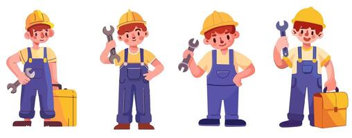 Set of four cheerful cartoon maintenance workers in yellow hard hats and blue overalls, holding wrenches and toolboxes in various poses against a white background vector