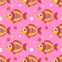 Seamless pattern with fishes with flowers on pink background. Surface design for textile, fabric. vector