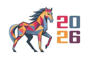 Happy New Year background with a geometric polygonal horse silhouette and the numbers 2026. Year of the Horse. Greeting card. vector