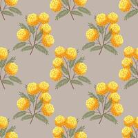 Seamless floral pattern with mimosa flowers on a beige background. Surface design for textile, fabric. vector