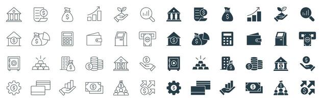 Banking and Investment Icon Set, Collection of Finance and Financial Services icons in Line and Solid Style vector
