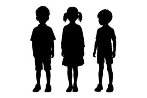 Silhouette of Three Children Standing Together in Full Length Isolated on White Background, Childhood Friends Group vector