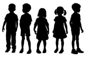 Child Silhouette Group Boys and Girls Standing Together in a Row Diversity and Unity Illustration vector