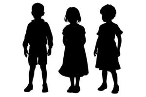Silhouette of Three Children Standing Together on White Background, One Boy and One Girl in Dresses, Another Boy vector