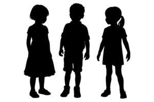 Silhouette of Three Children Standing Together Isolated on White Background, Representing Childhood, Friendship, and Unity vector