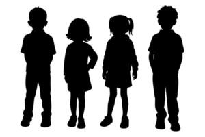 Silhouette of Four Children Standing Together in a Row on White Background for Design Element vector