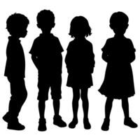 Silhouette of Diverse Children Standing Together, Symbolizing Friendship, Childhood, Education, and Unity in a Black and White Design vector