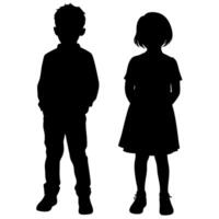 Silhouette of a Boy and Girl Standing Side by Side, Children, Friendship, Childhood, Black on White vector