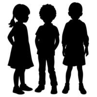 Silhouette of Three Diverse Children Standing Together, Representing Childhood, Friendship, and Unity on a White Background vector