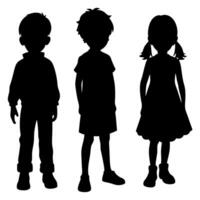 Silhouette of Three Children Standing Together Boy with Jacket, Boy in TShirt and Girl with Ponytails vector