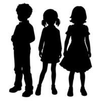 Silhouette of Three Children Standing Together, A Boy and Two Girls Isolated on White Background, Childhood Friends vector