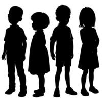 Silhouettes of Four Diverse Children Standing SidebySide on White Background, Demonstrating Unity and Childhood vector