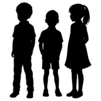 Children Silhouette Three Standing Figures of a Boy, Girl and Another Boy in Black Shadow on White Background vector