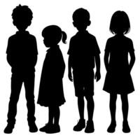 Silhouette of Four Diverse Children Standing Together, Unity and Friendship, Isolated on White Background, Representing Childhood, Community vector
