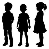 Black Silhouettes of Three Children Boy with Hands in Pockets, Boy Standing, and Girl with Ponytail vector