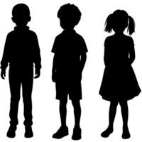 Silhouette of Three Children Standing Together on a White Background for Creative Projects vector