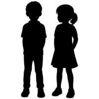 Silhouette of a Boy and a Girl Standing Side by Side, Black Shape on White Backdrop, Kids vector