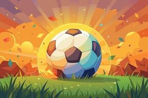 Soccer ball in the grass with the sun and autumn leaves vector