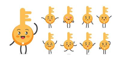 Golden Key character set of poses and emotions, mascot symbol real estate, access, privileges vector