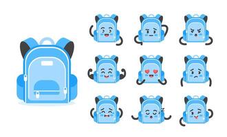 Backpack funny character set of poses and emotions, mascot symbol of school and study, in cartoon kawaii style vector