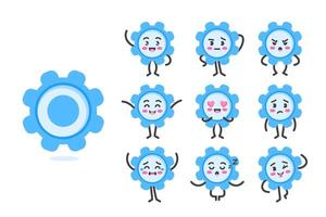 Gear wheel with a funny face character set of poses and emotions, mascot symbol of technology, mechanics and system files, in cartoon kawaii style vector