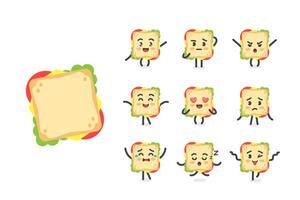 Sandwich with a funny face character set of poses and emotions, mascot symbol of fast food, breakfast, in cartoon kawaii style vector