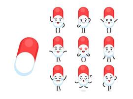 Pill with a funny face character set of poses and emotions, mascot symbol of medicine, pharmaceuticals and dietary supplements, in cartoon kawaii style vector