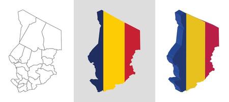 Chad outline, fill with flag and 3d map vector