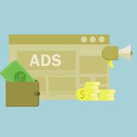 Ad Revenue - increase and optimize online pay per click advertising revenue. Illustration of a browser with website banner ads generating cash revenue. vector