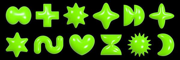 Exploring a vibrant collection of geometric 3D figures with a shiny plastic texture in a y2k aesthetic. vector