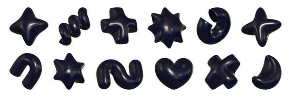 Collection of geometric 3D figures featuring a plastic texture and reflective fiber, showcasing y2k aesthetics in modern design. vector