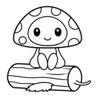 Cute mushroom character sitting on a log, perfect for coloring pages. vector