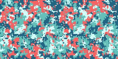 Abstract pixelated camouflage pattern in teal, coral, and navy. Ideal for fashion, textiles, website backgrounds, or vibrant design projects. vector