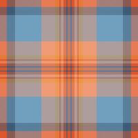 Vibrant pastel plaid pattern. Seamless textile design in soft orange, blue, and gray hues. Ideal for fashion, home decor, and website backgrounds. Evokes feelings of warmth and tranquility. vector