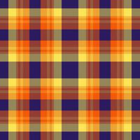 Vibrant autumnal plaid pattern in shades of orange, yellow, and deep blue. Perfect for fallthemed designs, textiles, or website backgrounds. vector