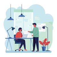 Two people working at a desk with a laptop vector