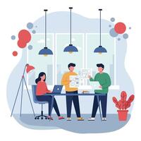 People working in an office with a laptop and a desk vector