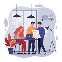 Two people are working at a desk with a laptop vector