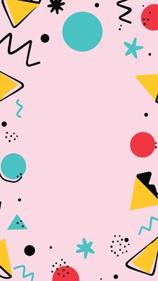 Seamless Memphis pattern with abstract geometric shapes, squiggles, and dots in pastel colors on a pink background