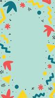 Seamless Memphis pattern with abstract geometric shapes, squiggles, and dots in pastel colors on a teal background. vector