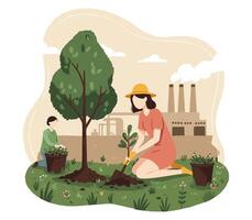 People planting trees in the garden vector